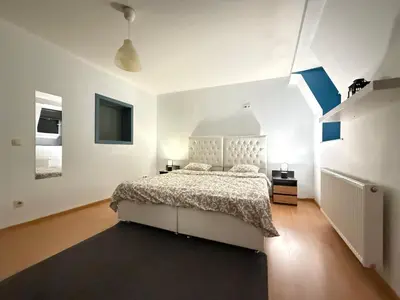 a white bedroom with a bed and a black rug at Duplexe Cosy - HERSTAL in Herstal