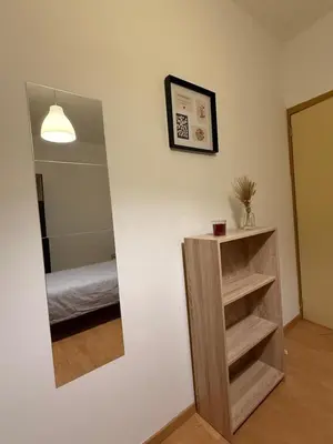 a room with a mirror and a shelf and a bed at Duplexe Cosy - HERSTAL in Herstal