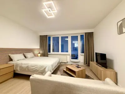 a bedroom with a bed and a tv and a couch at Studio moderne au coeur du quartier Saint Adalbert in Liège