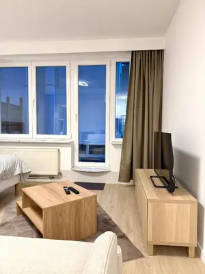 a living room with a couch and a tv on a table at Studio moderne au coeur du quartier Saint Adalbert in Liège