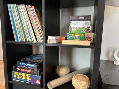 a book shelf filled with books and a bunch of books at La parenthèse céleste - 2 chambres & Sauna in Liège