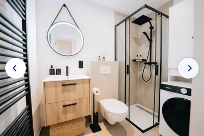 a bathroom with a shower and a toilet and a mirror at Chic et cosy idéal pour un séjour à Liège in Liège