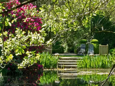 a garden with flowers and stairs next to a pond at Fishing Chalet, Opglabbeek in Oudsbergen
