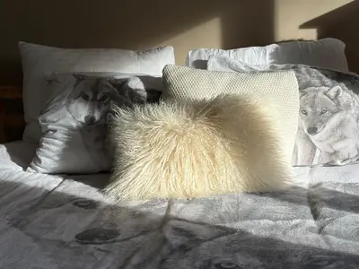a white dog laying on a bed with pillows at Villa des Bois Sauvages in Liège