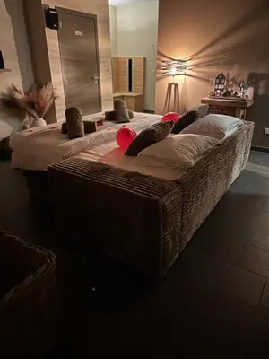 a large bed with pillows on it in a room at Wellness L'eau Belle in Beringen