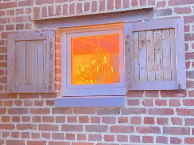 a window in a brick wall with a reflection of a plant at Maison Lion Luxe vakantiewoning in Borgloon