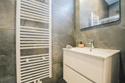a bathroom with a white sink and a mirror at Appartement en plein centre-ville in Liège