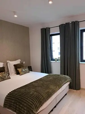 a bedroom with a large bed and windows at Chez Vincent, parking gratuit in Liège