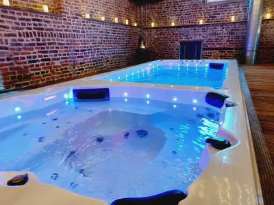 a jacuzzi tub in a room with a brick wall at Le Trèfle in Plombières