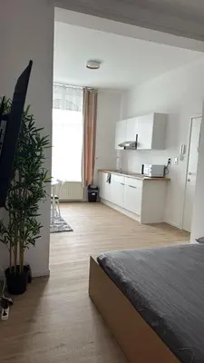 a bedroom with a bed and a kitchen in a room at Studio Cosy rénové au Centre de Liège in Liège