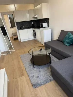 a living room with a couch and a table at Appartement fraîchement rénové de 1 chambre et Sofa Bed en plein Cœur de Liege in Liège