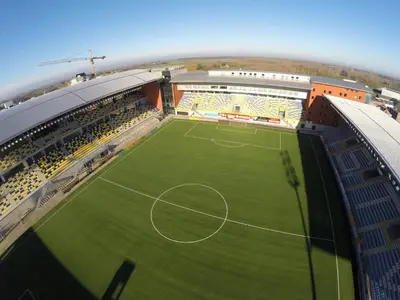 an aerial view of a soccer stadium with a soccer field at Hotel Stayen in Sint-Truiden