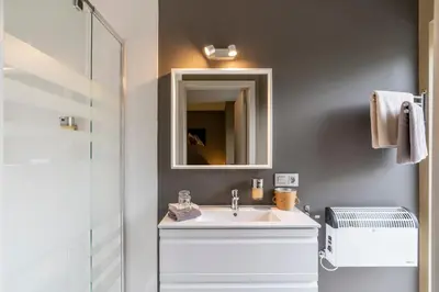 a bathroom with a sink and a mirror at Maas&Mechelen B&B Massage & Wellness in Maasmechelen