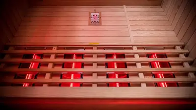 a view from the top of a room with red lights at Sérénité - Espace Détente Ensival in Ensival