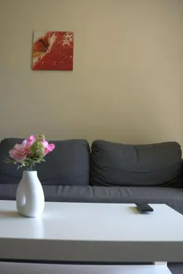 a living room with a couch and a vase with flowers on a table at 't Gulpdal Hotel Voeren-Teuven in Voeren