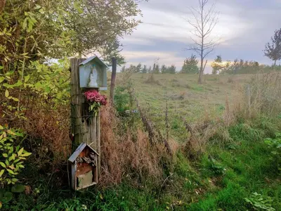 a wooden fence with a bird house and flowers on it at Wetterdelle in Heers