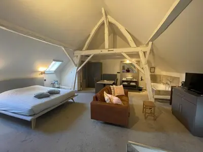 a bedroom with a bed and a couch in a room at De Verborgen Parel B&B in Borgloon