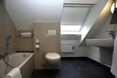 a bathroom with a toilet and a sink and a skylight at Hotel De Maaskant in Maaseik