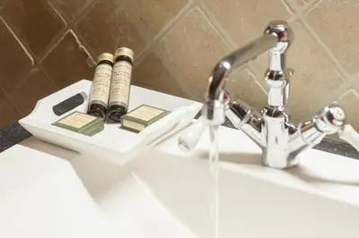 a bathroom sink with two toothbrushes in a holder at B&B Kamerijck in Gingelom