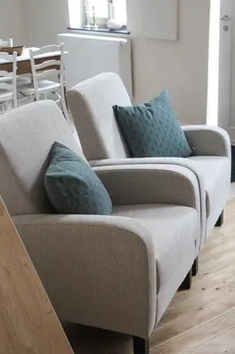 a couch with two pillows on it in a living room at De Koetsier in Lanaken