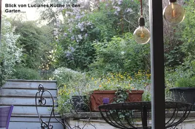 a view of a garden from a window with chairs at W'allons nous dormir in Liège