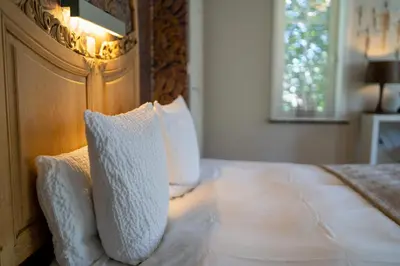 a bedroom with a bed with two pillows on it at Hotel Au Nom De Dieu in Dilsen-Stokkem