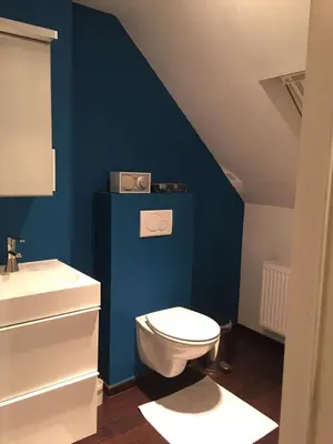 a bathroom with a toilet and a blue wall at Hasselt City Garden Duplex in Hasselt