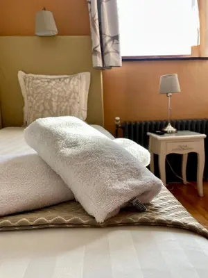 a bed with a blanket on it in a bedroom at Hotel Des Ardennes in Verviers