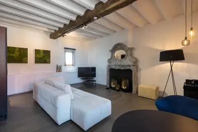 a living room with a couch and a fireplace at Martin's Rentmeesterij in Bilzen