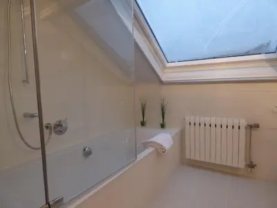 a bathroom with a shower and a skylight at B&B Le Jardin d'Epicure in Olne
