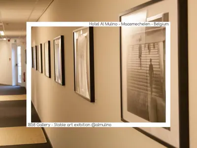 a group of pictures on a wall in a room at Hotel AL Mulino in Maasmechelen