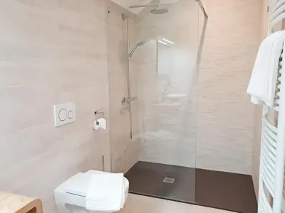 a bathroom with a shower and a toilet at B&B Secret Garden Adults only in Voeren