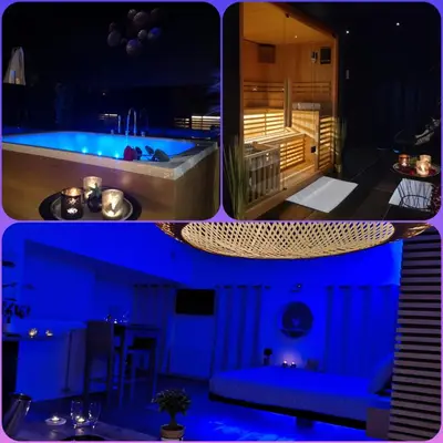 a collage of three pictures of a room with a tub at La bulle D'orée in Chaudfontaine