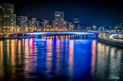 a bridge over a river with a city at night at Studio des jardins suspendus in Liège