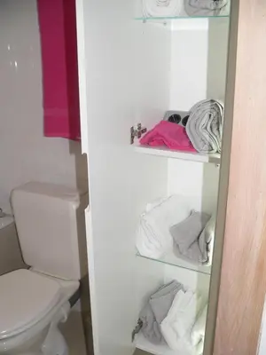 a bathroom with a toilet and towels on shelves at Liège centre 13 Quai Godefroid Kurth POUR 2 PERS à 25 min gare Guillemins in Liège