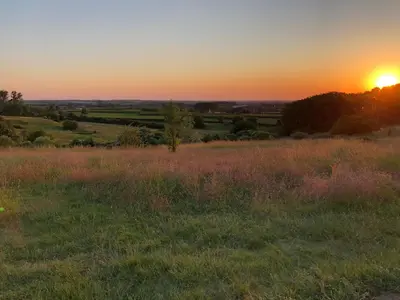 a sunset over a field with the sun setting in the background at Le fond d'Or in Borgloon
