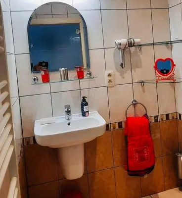 a bathroom with a white sink and a mirror at B&B Casa Roman & Vakantiewoning voor 1 pers tot max 32 personen in Zonhoven