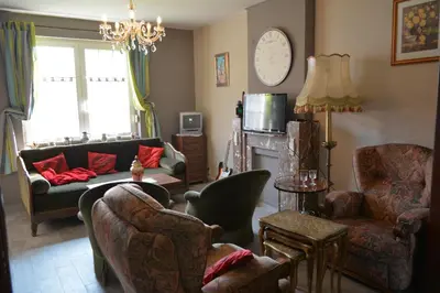 a living room with a couch and chairs and a television at Julienne5 in Blégny