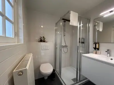 a bathroom with a shower and a toilet and a sink at Landgoed De Hoogmolen in Oudsbergen