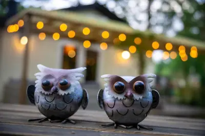 two owl figurines are sitting on a table at Chalet de bosuil in Zutendaal