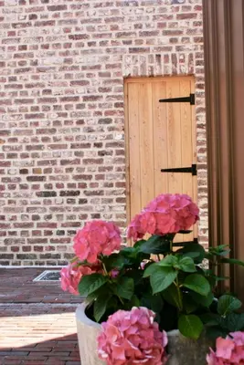 a pot of pink flowers in front of a brick wall at Boerderaaj in Bilzen