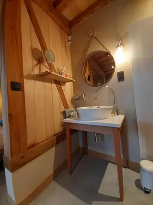 a bathroom with a sink and a mirror at Boerderaaj in Bilzen