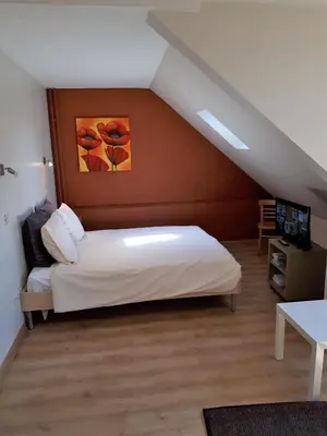 a bedroom with a white bed in a attic at Guesthouse Dusart in Hasselt