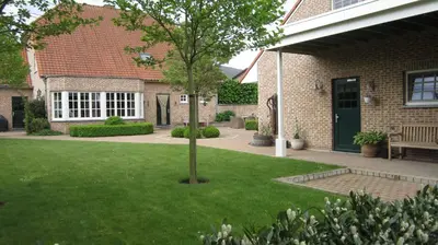 a tree in a yard in front of a house at Vakantiehuis Aen de Roderburgh in Maaseik