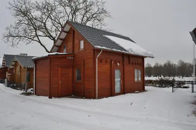a wooden cabin in the snow with snow at Thuiskomen, genieten aan het water in Maaseik