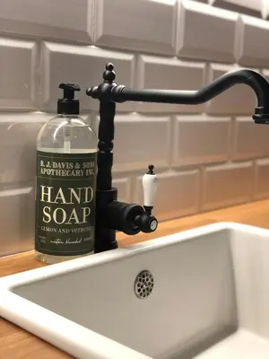 a sink with a hand soap bottle next to it at De Konik in Uikhoven