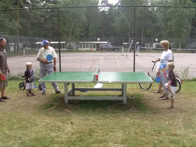 a group of people standing around a ping pong table at Camping De Binnenvaart Superior Chalet in Houthalen-Helchteren