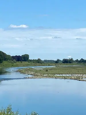 a river with blue water and trees in the background at Maashuys in Lanaken