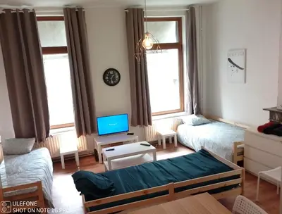 a living room with a bed and a tv at Logement Régence in Liège