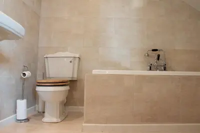 a bathroom with a toilet and a bath tub at Kasteel Duras in Sint-Truiden